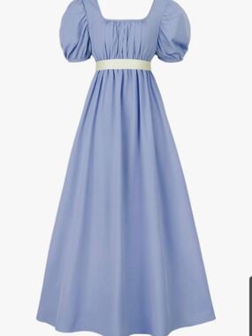 Womens Victorian Blue Regency Costume Dress With Cream Sash Small